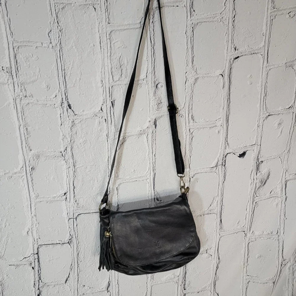 VERA PELLE Genuine Leather Satchel Handbag Purse Black Crossbody Bag Tassel Boho